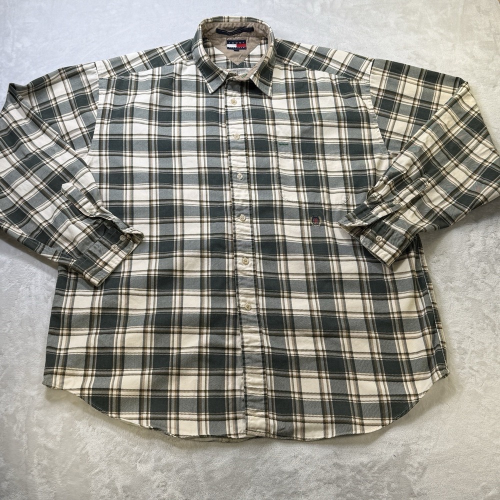 Vintage 90s Tommy‎ Hilfiger Plaid Button Up Shirt XL Crest Logo Ivy Prep